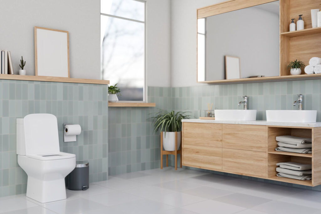 Badezimmer fliesen ideen helles holz einrichtung mit grauen elementen